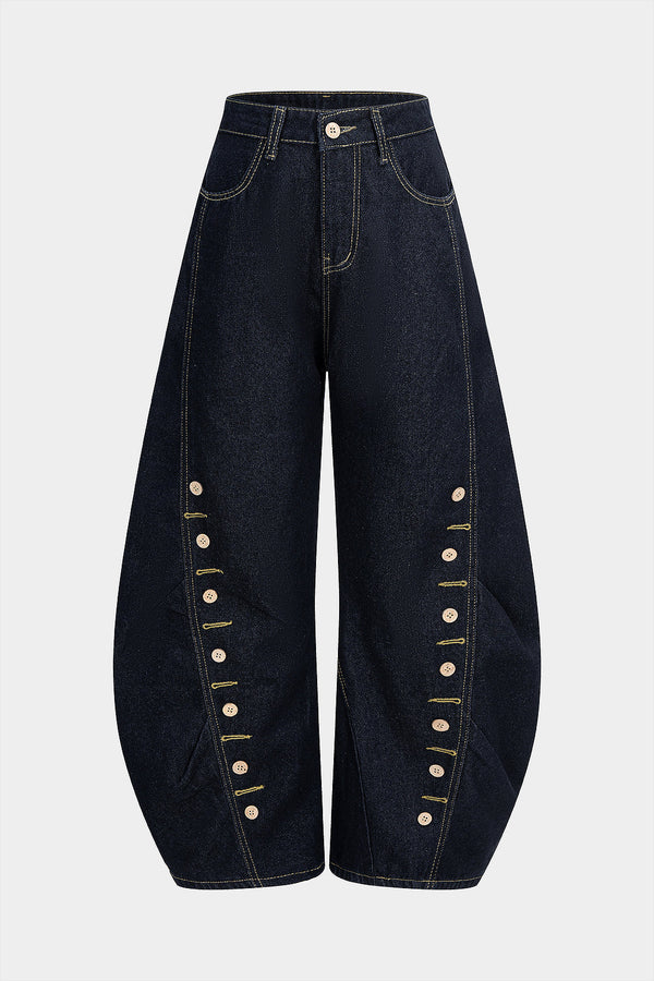 düğmeli denim barrel pantolon