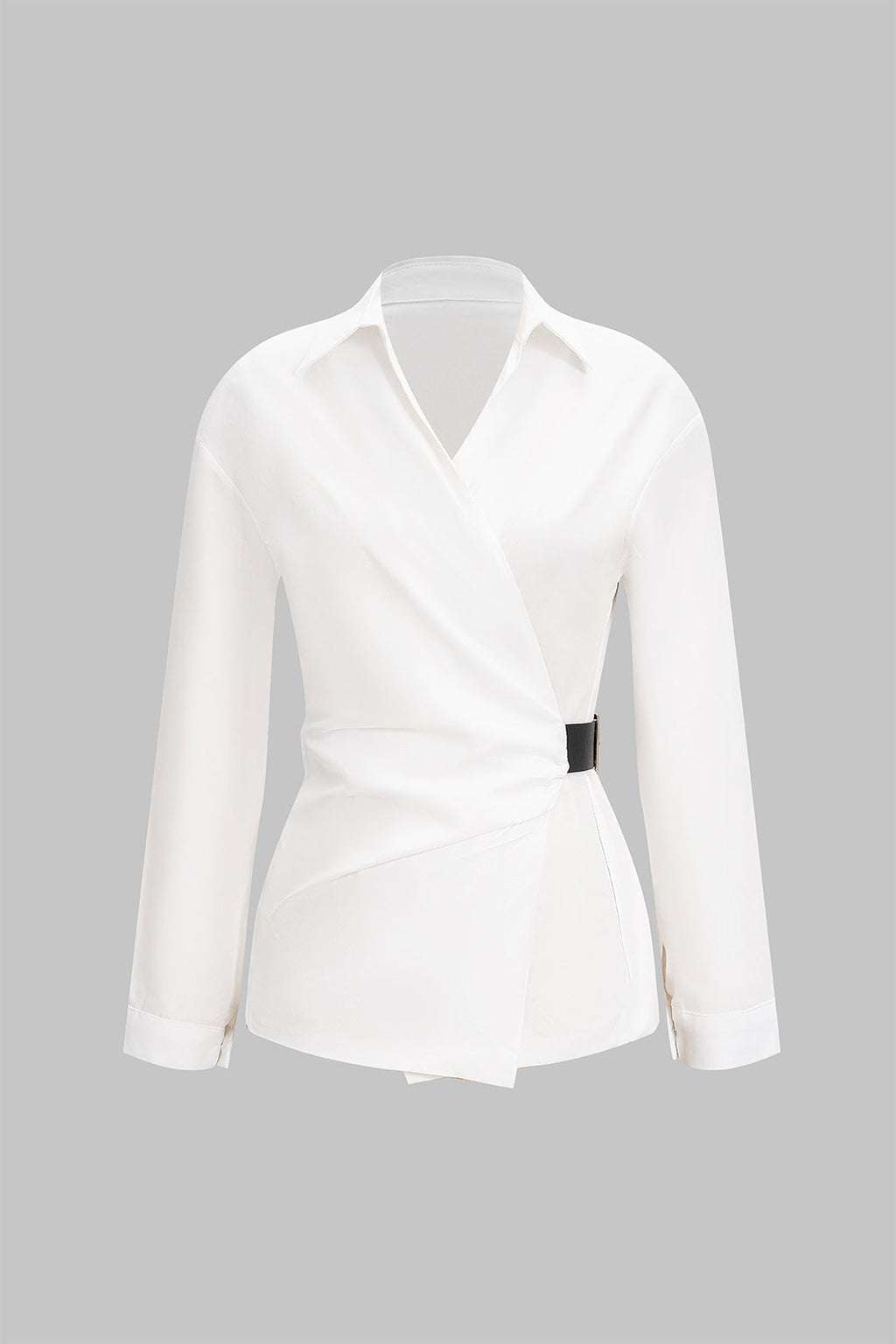 Büzgülü Kemerli Polo Yaka Uzun Kollu Şık Günlük Gömlek