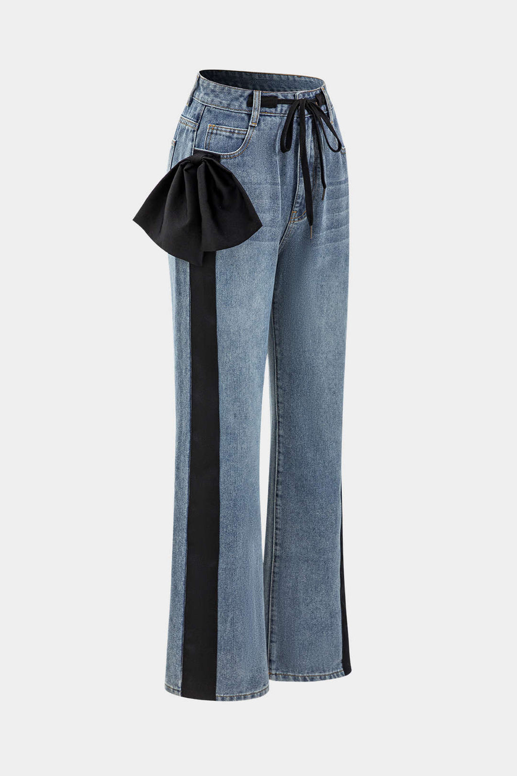 Mavi Patchwork Desenli Papyonlu Cepli Kot Pantolon