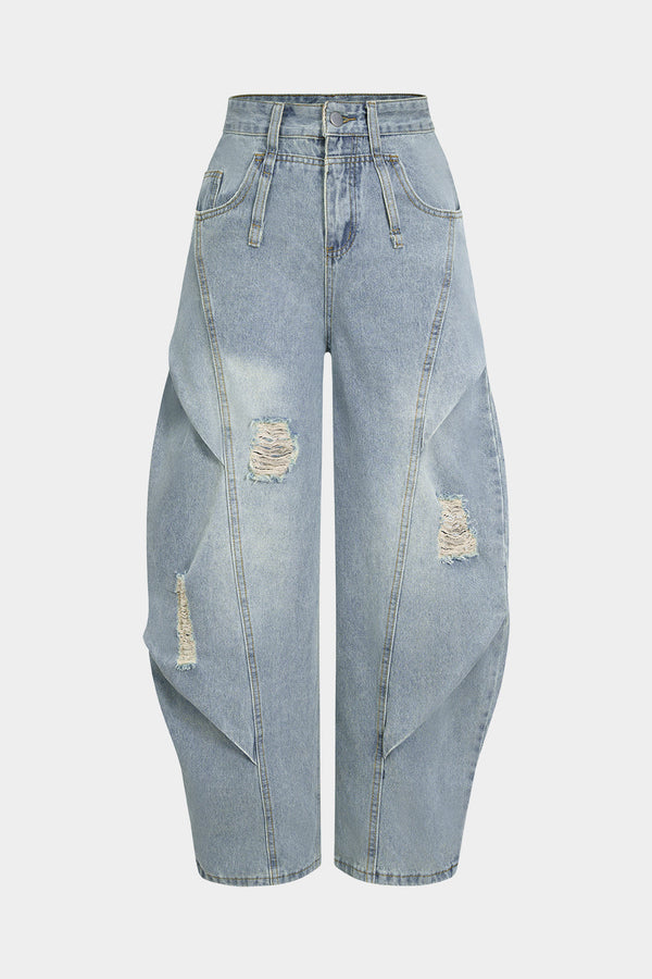 denim yırtık büzgülü barrel pantolon