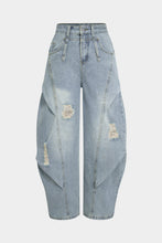 denim yırtık büzgülü barrel pantolon