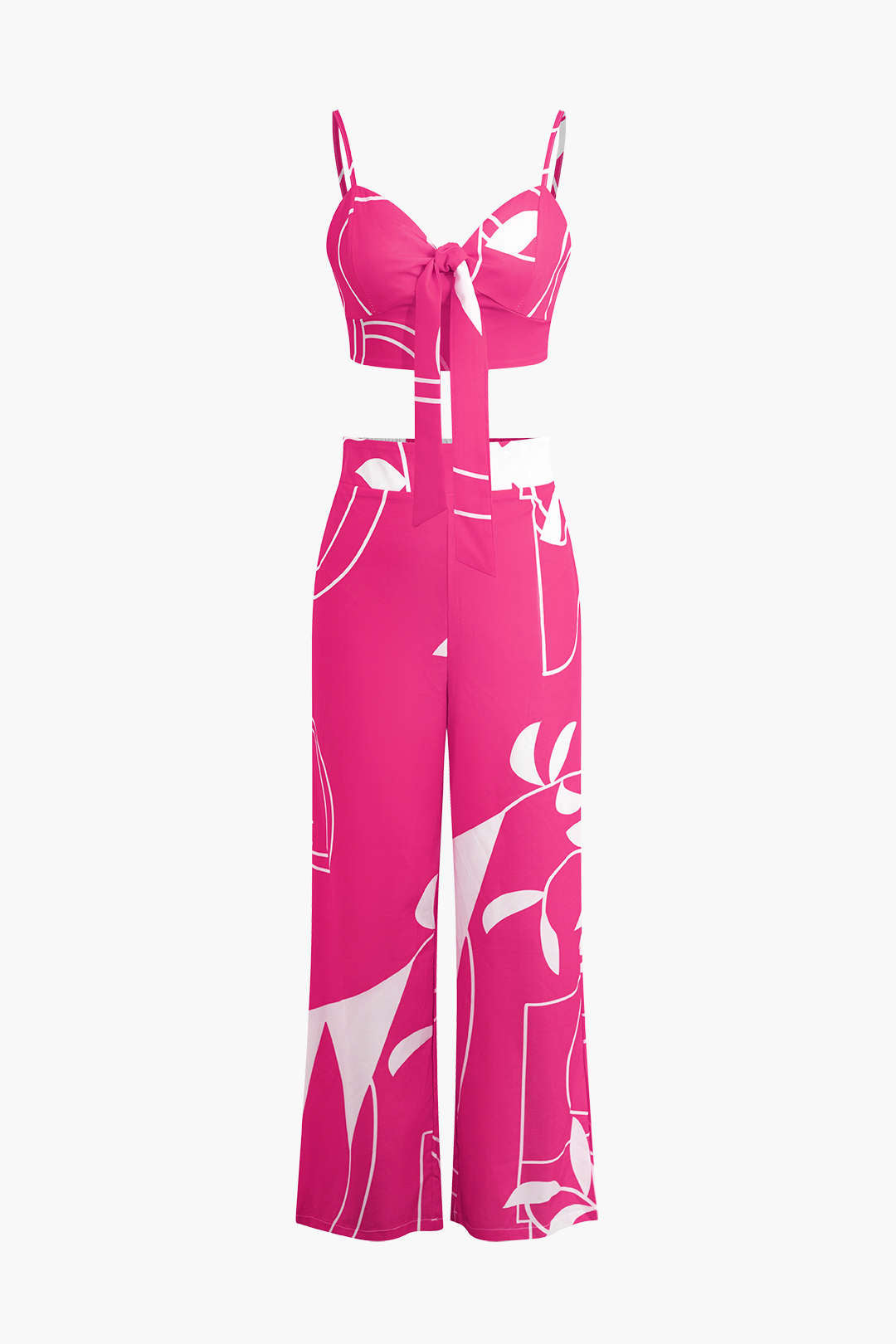 Bambu Yaprağı Desenli Bağlamalı Spagetti Askılı Üst Ve Pantolon Seti