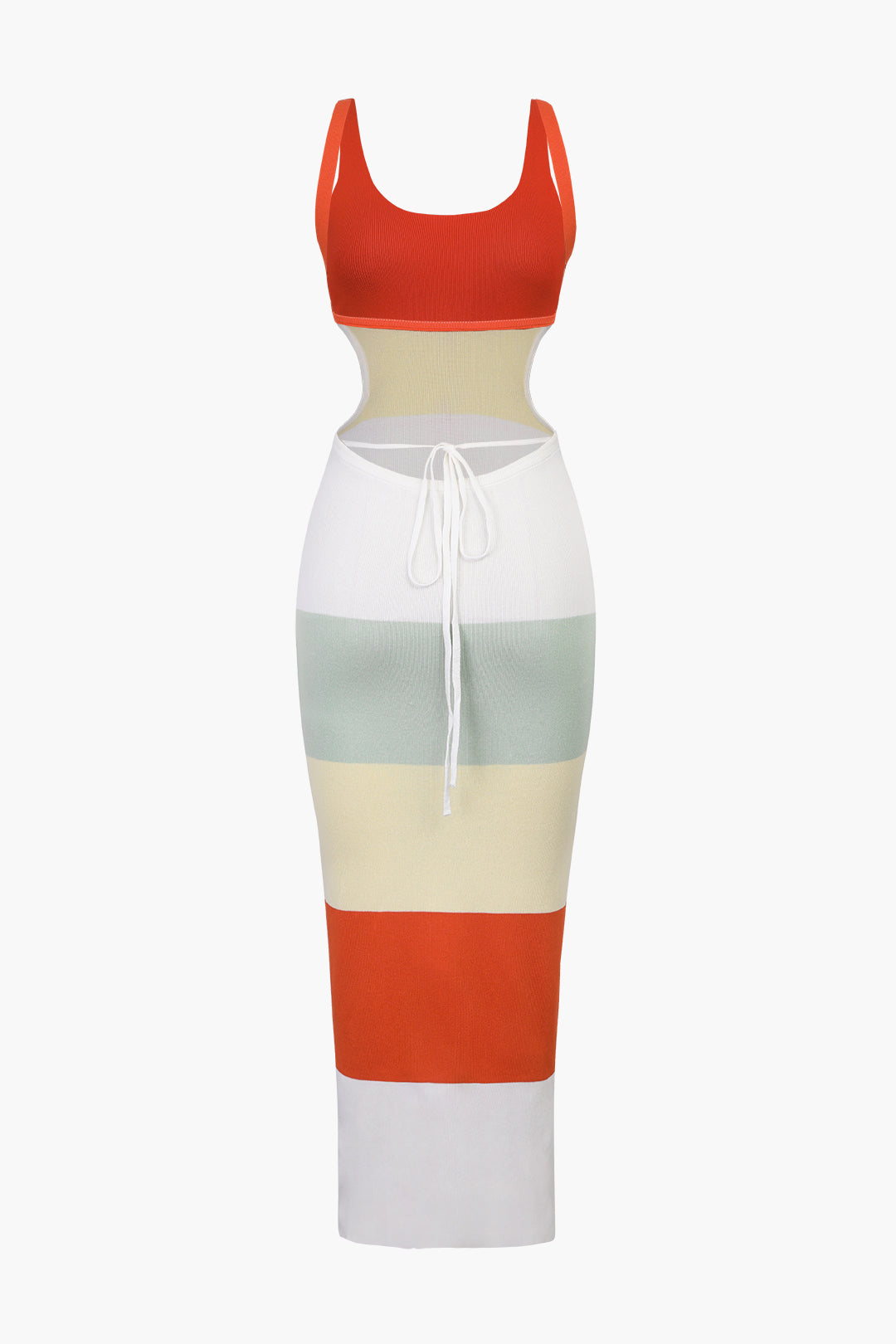 Çok Renkli Çizgili Triko Sırt Açık Maxi Elbise