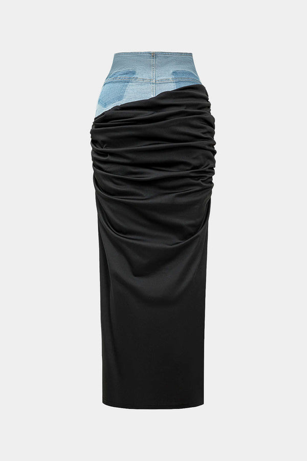 denim detaylı kırışık fermuarlı etek
