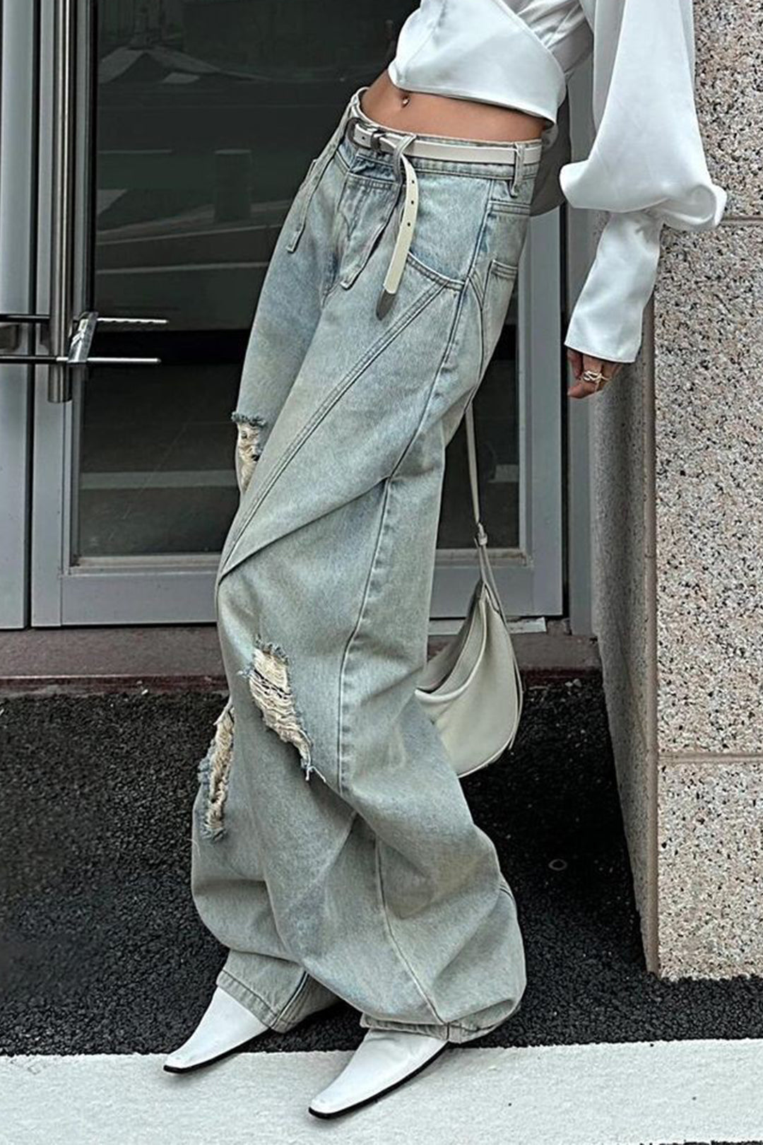 Denim Yırtık Büzgülü Barrel Kesim Özelleştirilmiş Pantolon