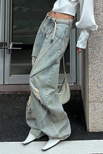 denim yırtık büzgülü barrel pantolon