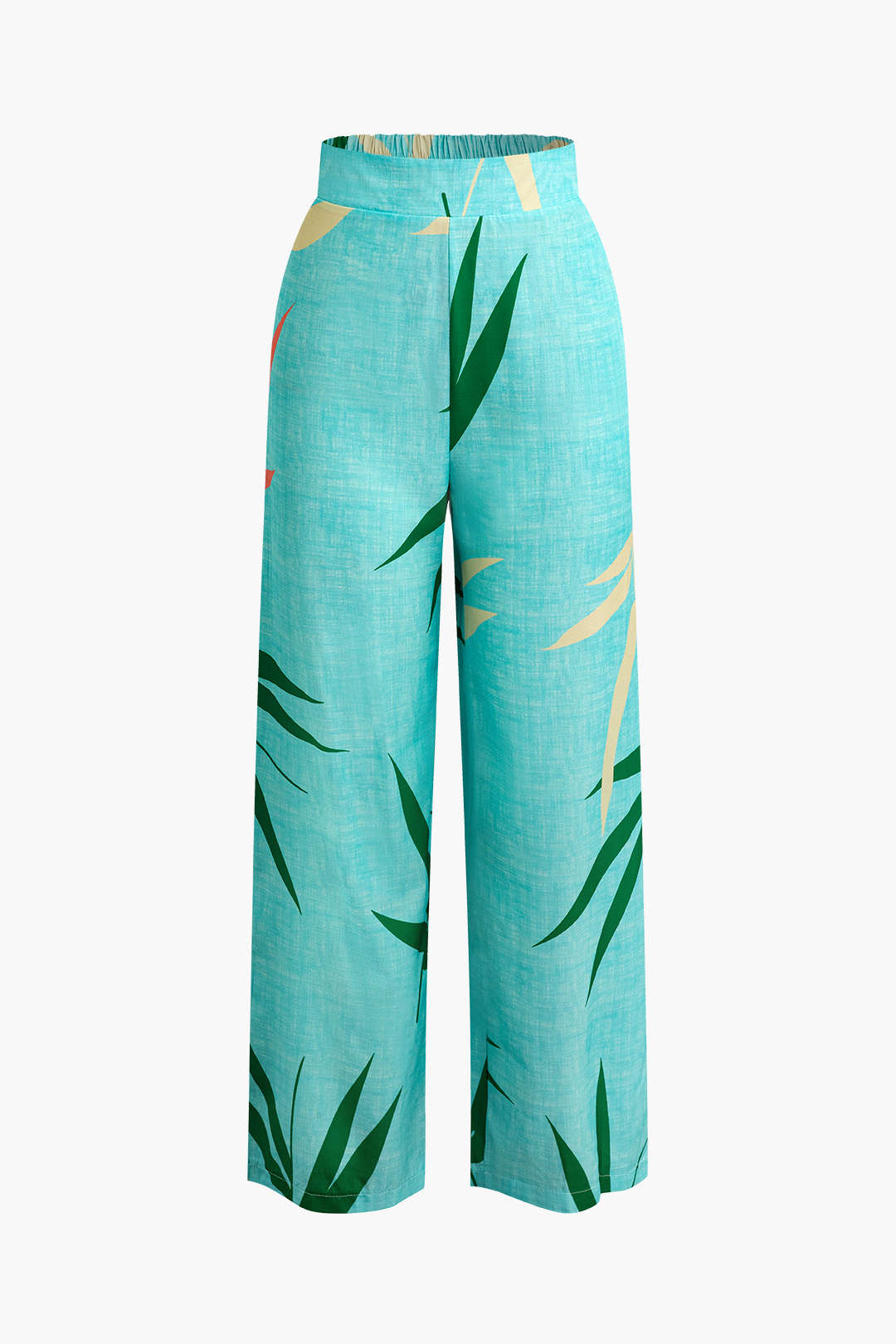 Bambu Yaprağı Desenli Bağlamalı Spagetti Askılı Üst Ve Pantolon Seti