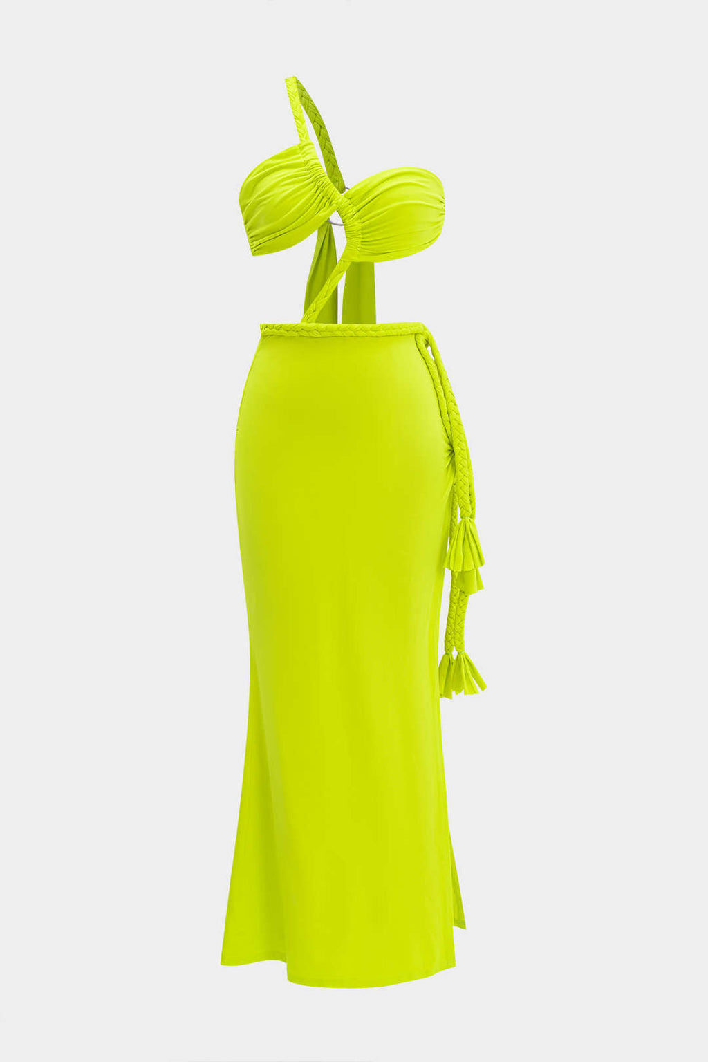 Kırışık Kesik Düğüm Bağlama Yırtmaçlı Maxi Elbise