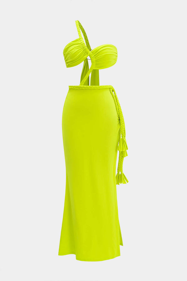 neon bağlamalı yırtmaçlı elbise