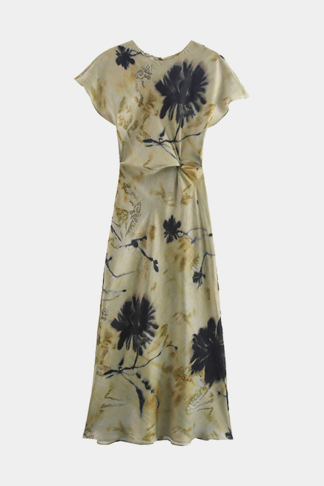 Tie Dye Fırfırlı Kesik Düğme Dönüşüm Knot Midi Elbise