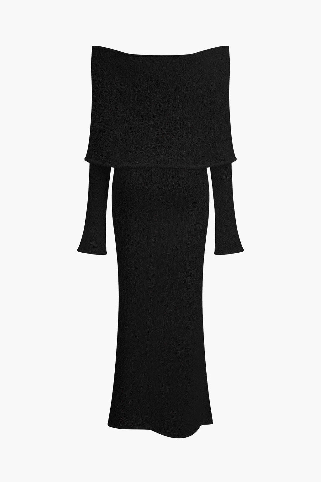 Siyah Omuz Dekolteli Açık Örgü Maxi Elbise
