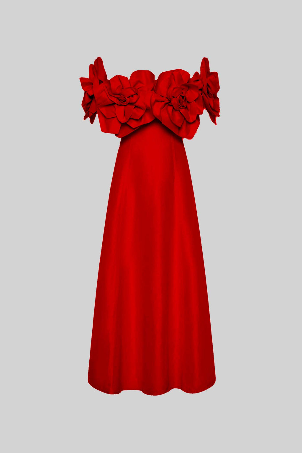 Büyük Kumaş Çiçek Desenli Omuzları Açık Midi Elbise