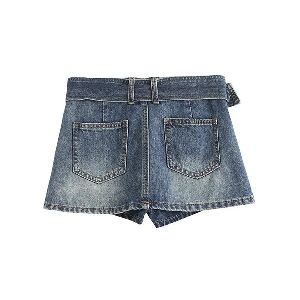 kemerli denim şort etek