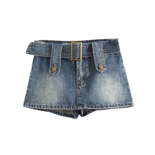 kemerli denim şort etek